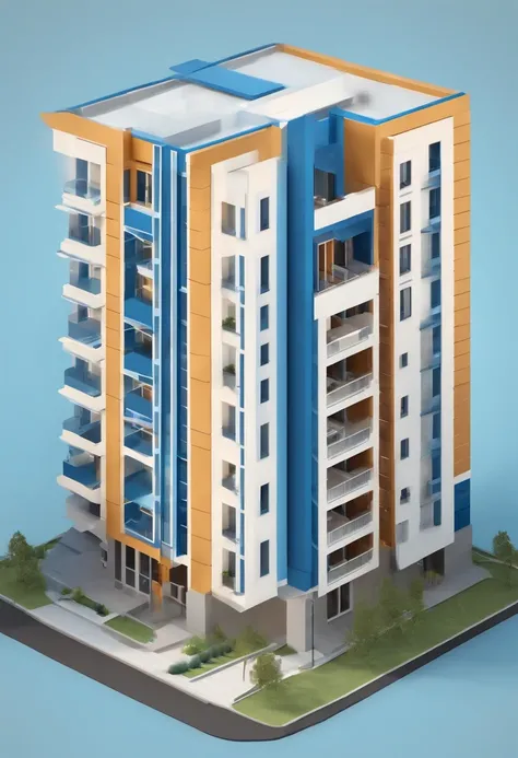 Isometric of a residential building, axonometry, two colors, cad style, blue lines white fill, dualtone, light blue flat shadows. light gray background