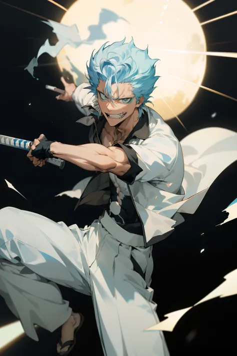 masterpiece, best quality, 1boy, grimmjow jaegerjaquez, at night, night, low light, natural light, fighting pose, white pants,  ...