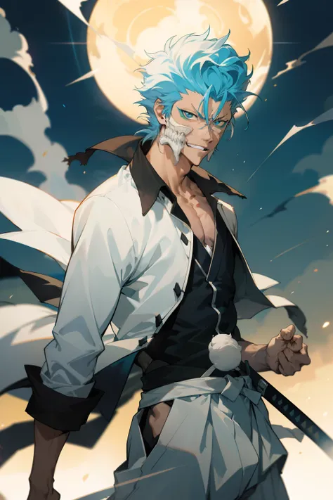 masterpiece, best quality, 1boy, grimmjow jaegerjaquez, at night, night, low light, natural light, fighting pose, white pants,  ...