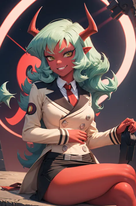 (masterpiece, best quality:1.2), solo, 1girl, psgscanty, red skin, evil smile, looking at viewer, sitting, crossed legs, horns, v-shaped eyebrows, jacket, red necktie, skirt