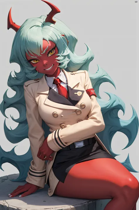 (masterpiece, best quality:1.2), solo, 1girl, psgscanty, red skin, evil smile, looking at viewer, sitting, crossed legs, horns, v-shaped eyebrows, jacket, red necktie, skirt