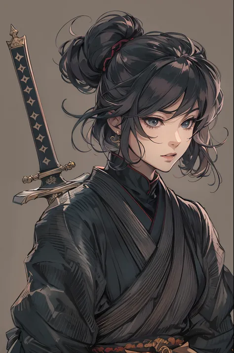 a drawing of a woman in a black outfit holding a sword, inspired by Kusumi Morikage, inspired by Kanō Hōgai, inspired by Kanō Sanraku, inspired by Kawabata Ryūshi, female samurai, in japanese anime style, anime style character