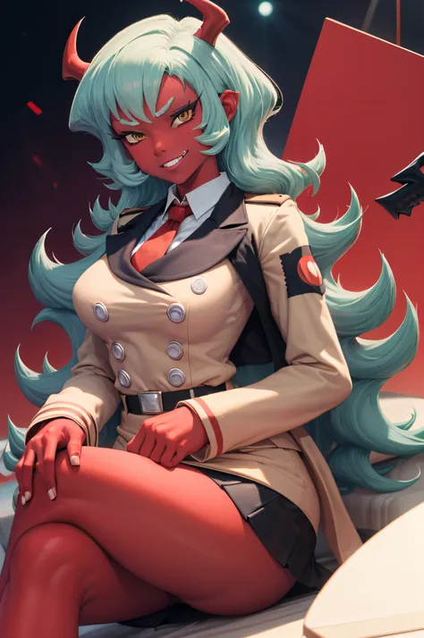(masterpiece, best quality:1.2), solo, 1girl, psgscanty, red skin, evil smile, looking at viewer, sitting, crossed legs, horns, v-shaped eyebrows, jacket, red necktie, skirt
