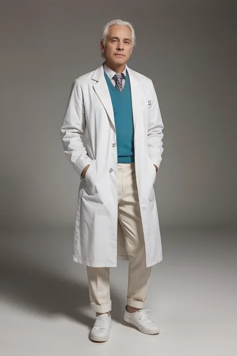 An old doctor with white hair and white coat or apron white shoes