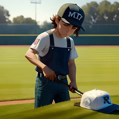 Pixar movie titled Nandez, mexican kid with baseball hat cutting grass