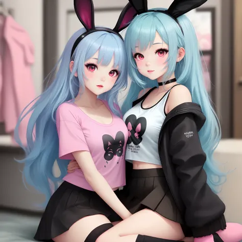 Girl with light blue hair with matching bunny ears in a pastel pink oversized t shirt with a short black skirt with a black jacket and black leg warmers and pink and black eyes anime. Style adoptable