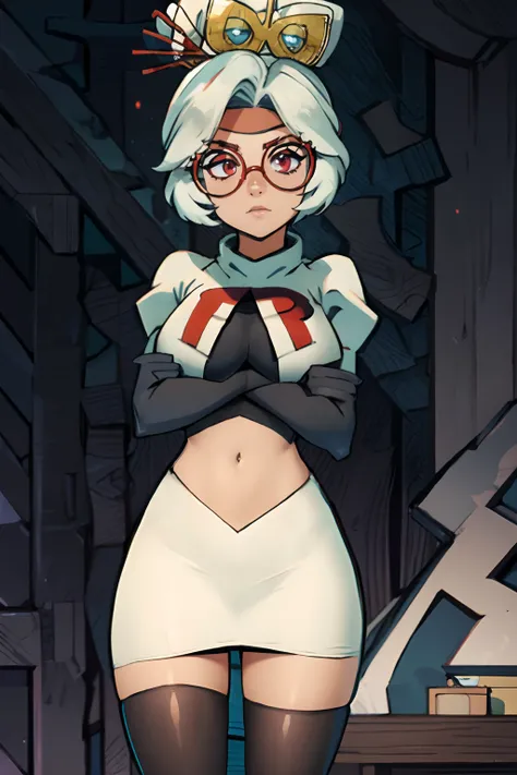 purah,team rocket,team rocket uniform, red letter R, white skirt,white crop top,black thigh-highs,black elbow gloves, arms crossed aura red glasses, hair ornament,