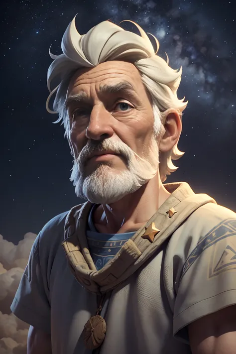 The old man throws back his head and looks up at the night sky with huge stars, Clouds around the edges, Ancient Biblical Setting, 3D cartoon in the style of Disney Pixar. a closeup of a. blurred background. Light haze