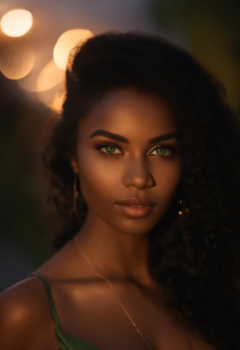 dark complexion, woman around 19 years old, natural black hair, distinctive green eyes, wearing fitting clothing, slender and voluptuous, beautiful, candlelight in a night scene setting, ultra sharp focus, realistic shot, revealing tight fitting clothes, p...