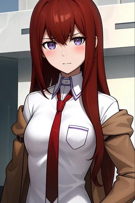 ((masterpiece,best quality,ultra detailed,8k)),brown_hair,collared_shirt,jacket,long_sleeves,makise_kurisu,standing,red_necktie,solo,1girl,white_shirt,perfect face,red_hair,purple_eyes,((blush)),upper body,(close_mouth)