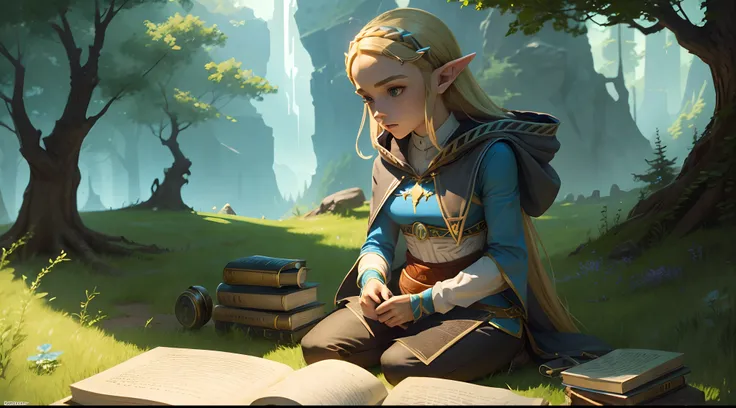 pricess zelda, blond elf, Nintendo, the legend of zelda, botw, dress totk, capelet , studying, concentrated, headphones on