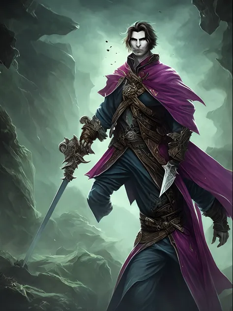 Noble vampire man with a red and purple sword , ambiance sombre , cadavre de monstre