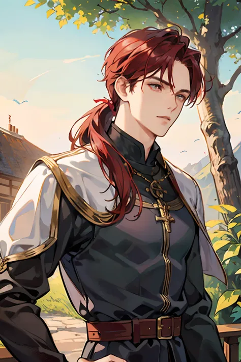 1male, adult face, handsome, commoner, townsfolk, archer, in a medieval forest, serious expression, dark red hair with low ponytail