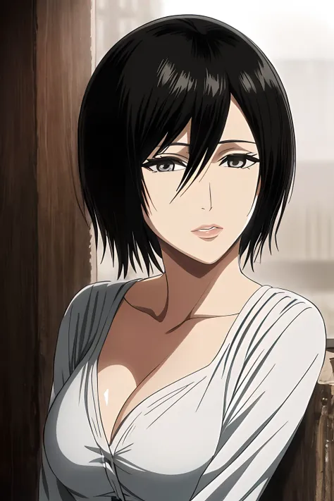 1girl, mikasa ackerman, (black hair:1.3), hair between eyes, short hair, sideburns, gray eyes, lips, cleavage, close up, solo, l...