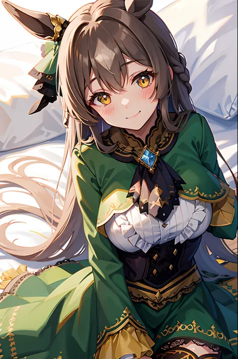 Lying down,Viewers Perspective,blushed face,evil smile,Close-up of the face,a bed,aasato, long hair, half updo, braid, hair between eyes, animal ears, ear ornament, horse tail, breasts, frills, black ascot, green dress,black thighhighs,Pull up the dress,To...