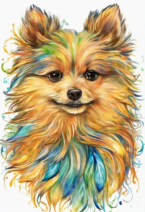 3d aquarela lulu da pomeraniamuito peludo e com focinho curto,fundo escuro,high resolution,alta qualidade,colorido,verde, amarelo,azul,  marrom