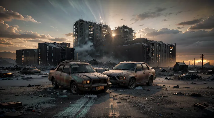 end of the world, epic realistic, (hdr:1.2), (muted colors:1.4),(broken rusty cars:0.6), (car wreckage:0.3) apocalypse, freezing, abandoned, neutral colors, night, screen space refractions, (intricate details), (intricate details, hyperdetailed:1.2), artst...