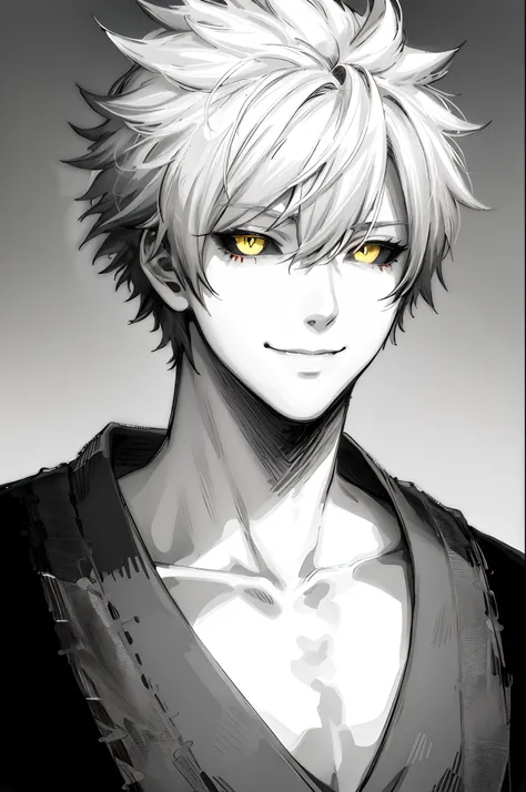 1boy, black sclera, closed mouth, collarbone, colored sclera, greyscale, japanese clothes, looking at viewer, male focus, monoch...