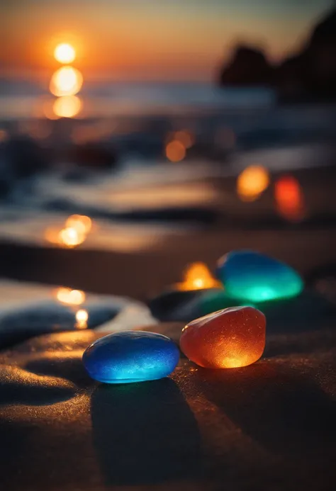 Group of glowing stones sitting on beach next to the sea, Colorful glow, Magical Beach, Bright glitter color, glowing colors, Shimmering rich colors, Colorful HD Drip, breathtaking colors, beautiful sunset glow, colorful sunset, Make the waters shine, beau...