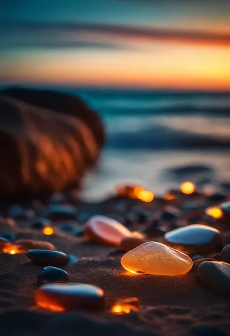 Group of glowing stones sitting on beach next to the sea, Colorful glow, Magical Beach, Bright glitter color, glowing colors, Shimmering rich colors, Colorful HD Drip, breathtaking colors, beautiful sunset glow, colorful sunset, Make the waters shine, beau...