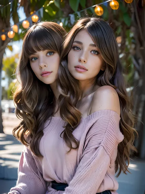 (Two Heads), arafed woman with long brown hair and pink sweater posing for a picture, pokimane, kailee mandel, headshot profile picture, park in the fall backdrop, no makeup wavy hair, portrait sophie mudd, brunette with dyed blonde hair, brown hair with b...