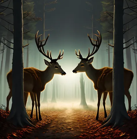 Two deer in leaves, one sniffing the ground, the other looking around A fantasy forest，Verschwommene Perspektive，Sonnenlicht, that penetrates through the trees