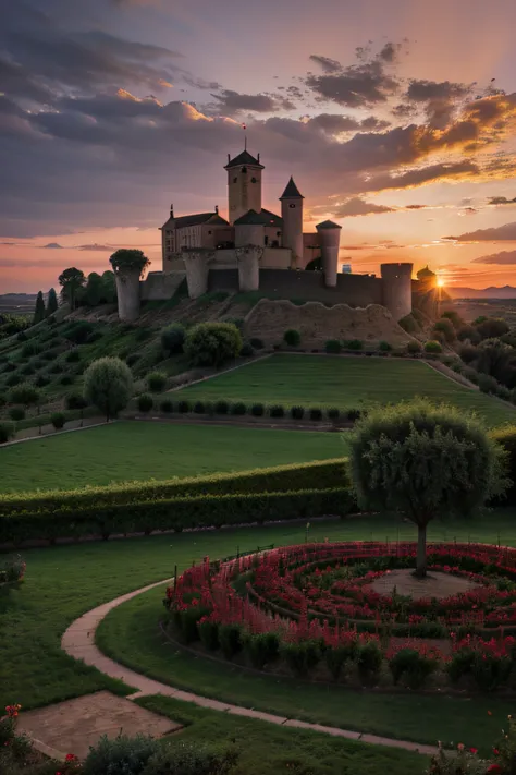 campo relvado, Castle behind, reddish sky