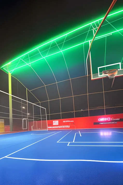 On a neon, cyber-themed futsal court, The goal posts are highlighted by strips of neon lights, criando um contorno brilhante no campo. The goalposts are made of reflective materials, capturando e refletindo as cores vibrantes do ambiente. Players wear cybe...