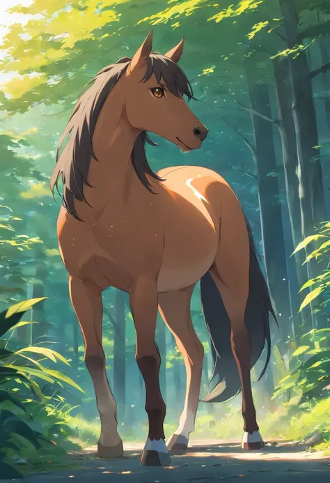 1 animal、equine、full bodyesbian、Side view,motionless, brown body, black mane, black tail, feral,