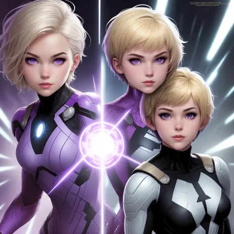 make me an original character  in the marvel comic art style that is a white female teenager with a snarky look on her face superhero with blonde short cut hair and purple eyes with a black white and purple suit that has purple light manipulation powers