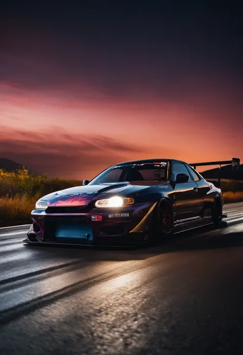 A Japanese car doing drifit in the middle of a track with a night sky behind it