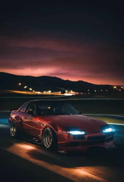 A Japanese car doing drifit in the middle of a track with a night sky behind it