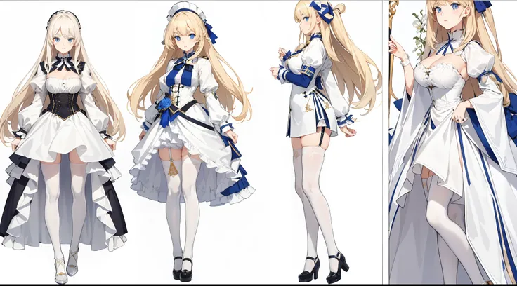 White Victorian military short dress，Stockings, White top，sapphire belts, Fashion leather shoes，Urban popular colors，（character design sheet，facefront，backfacing，Lateral face，Same character），The background is simple，very long hair，small choolgirl，Thick eye...