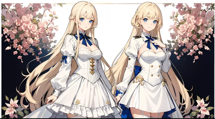 White Victorian military short dress，Stockings, White top，sapphire belts, Fashion leather shoes，Urban popular colors，（character design sheet，facefront，backfacing，Lateral face，Same character），The background is simple，very long hair，small choolgirl，Thick eye...