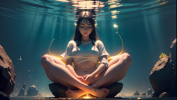 Seated Woman in Lotus Position, Hes meditating, de frente, en medio de la imagen, Its floating a grouper off the ground, Theyre radiating lights out of it like its vibrating high, las luces hacen un toroide a su alrededor, mistic ambient