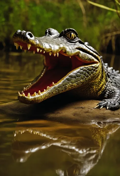 elabore por favor - uma imagem de um crocodilo com a boca aberta com cara de mal