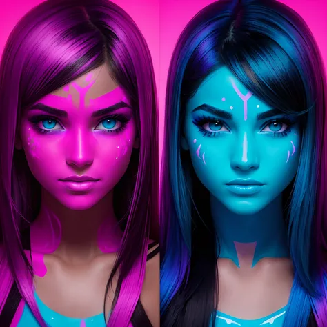 Head shot photo of hot girls with their faces painted in uv paint. High quality face and paint --auto