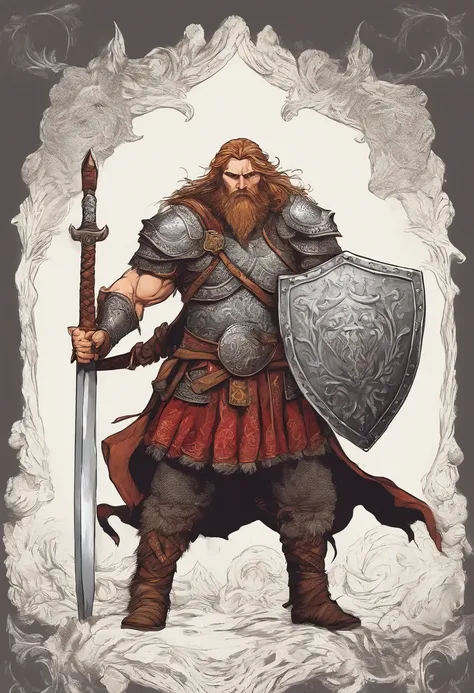 Tall viking man, detailed armor, old engraved leather Cuirass, intricate designs on the Cuirass, intricate Cuirass engravings, imposing and powerful stance, fierce expression, red wild mane braided hair and beard, dynamic pose, intense battle scene, fantas...