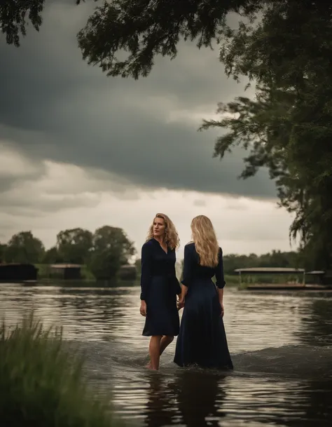 A beautiful soaked woman with long drenched blonde hair wearing navy business suit with black satin blouse together with her friend in black satin long shirtdress . They are comming out of deep water near a small floating dock . Green grass, some trees, a ...