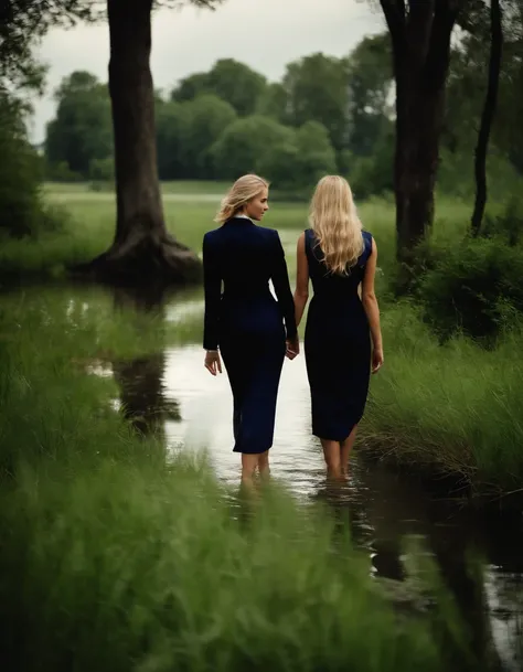 A beautiful soaked woman with long drenched blonde hair wearing navy business suit with black satin blouse together with her friend in black satin long shirtdress . They are comming out of deep water near a small floating dock . Green grass, some trees, a ...