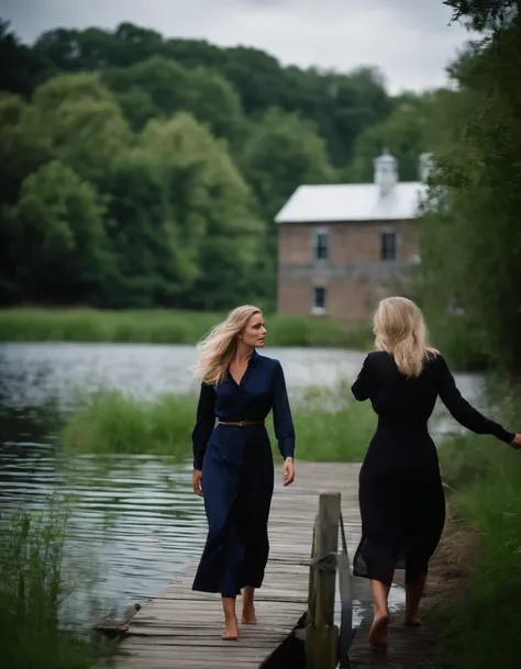 A beautiful soaked woman with long drenched blonde hair wearing navy business suit with black satin blouse together with her friend in black satin long shirtdress . They are comming out of deep water near a small floating dock . Green grass, some trees, a ...