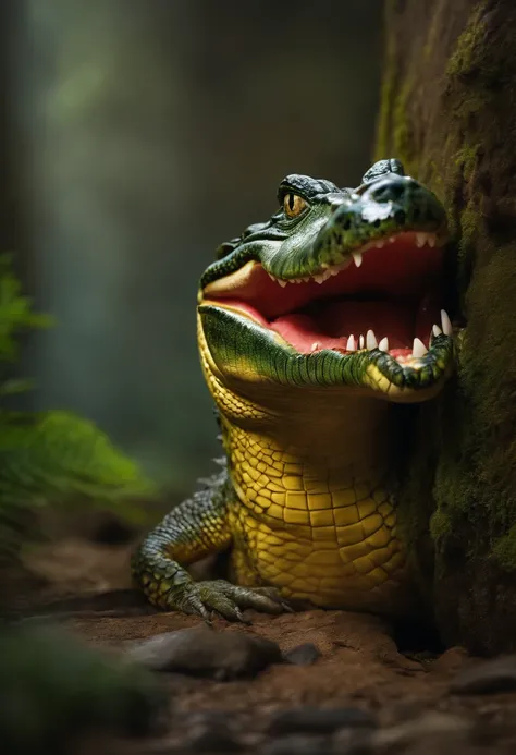 uma imagem de um crocodilo com a boca aberta com cara de mal corpo todo aparecendo