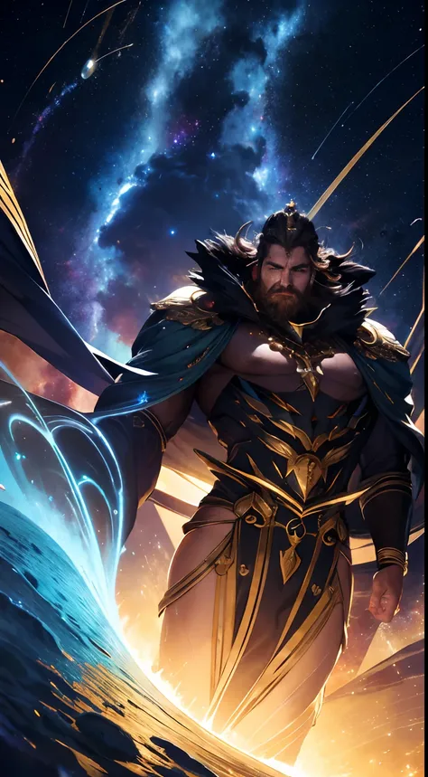 best quality,highres,(realistic,photorealistic:1.37),ultra-detailed,Anthropomorphic representation of Jupiter planet,celestial deity,cosmic giant,divine being,regal and majestic presence,golden glowing eyes,fiery hair and beard,supreme ruler of the univers...