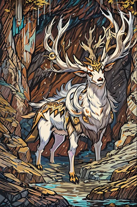 a detailed anime drawing of a huge ornate ((white and brown)) female deer resembling the ((pokemon xerneas)) with ((deep brown eyes)) and dark brown rocks surrounding its body like a suit of armor with large antlers standing inside of a cave