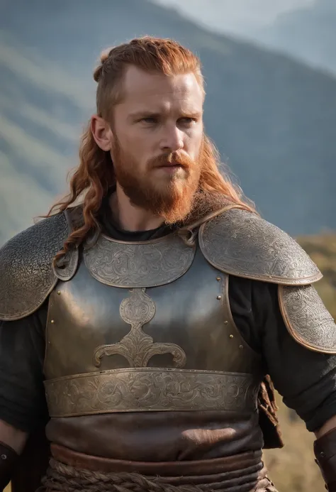 Tall viking man, detailed armor, old engraved leather Cuirass, intricate designs on the Cuirass, intricate Cuirass engravings, imposing and powerful stance, fierce expression, red wild mane braided hair and beard, dynamic pose, intense battle scene, fantas...