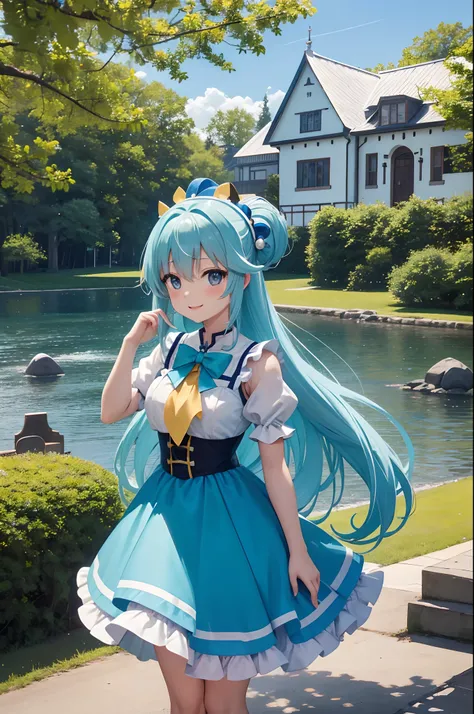 ​masterpiece, top-quality, Princess_aqua_Konosuba, Yellow dress, Black eyes, adorable smiling、Light blue long hair、Twin-tailed、 standingn, (borgar: 1.1), ​​clouds, in woods、White castle by the lake、Near and far law、blue-sky