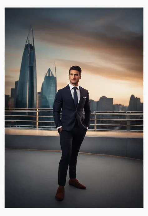 turk 25yo man , dark short  hair with fade, dark suit,confident expression,sharp jawline,vibrant skin,smiling,handsome face,standing pose,city backdrop,professional studio lighting,realistic,a Ferrari, photorealistic:1.37,portraits,vivid colors,cool tone,s...