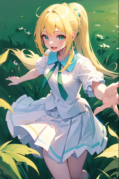 a blond,Alily, Long hair, Ponytail, french braids, White shirt, Short sleeves, White skirt, Pleated skirt,Smile with open mouth,grass field,Top image quality,masutepiece,Best Quality