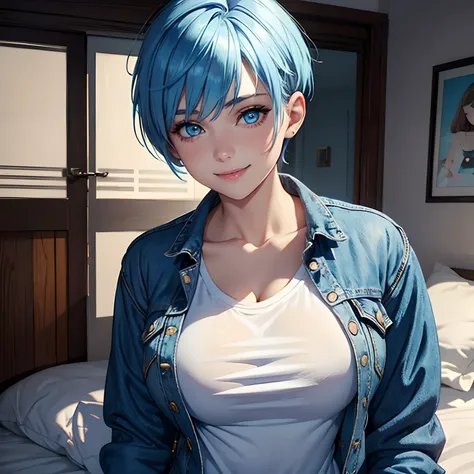 1girl, blue hair, blue eyes, pixie cut, large breasts, jean jacket, white t-shirt, smiling,bedroom