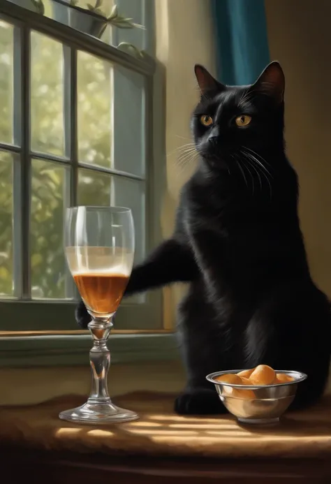 There was a cat sitting next to a glass of black milk, cat drinking milk, Illustration of 1 cat, Ultra-Realistic Illustrations, Ultra-Realistic Illustrations, Hyper-realistic illustration, A black cat. Realistic painting, author：Wayne England, Realistic il...